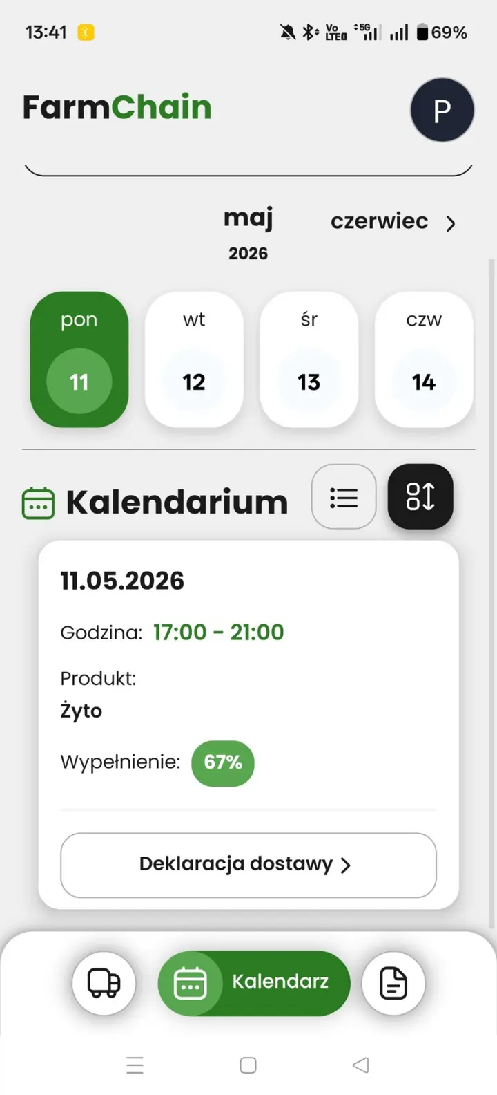 Kalendarz i szczegóły dostawy w aplikacji FarmChain